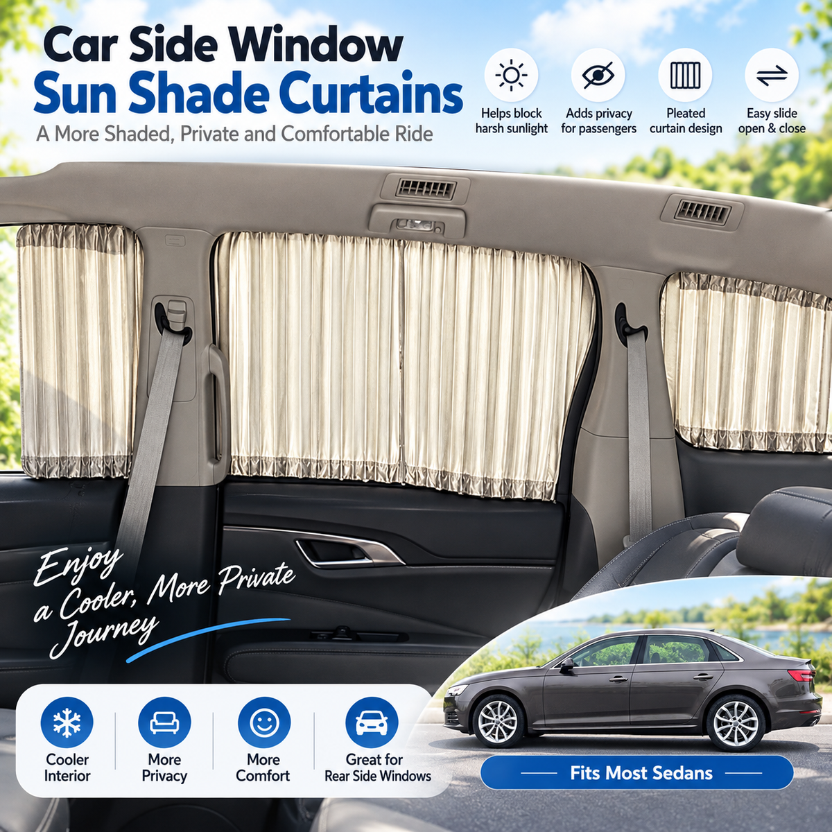 π Pleated Car Window Sun Shade Curtains β Adjustable Rear Seat Privacy & Sun Protection