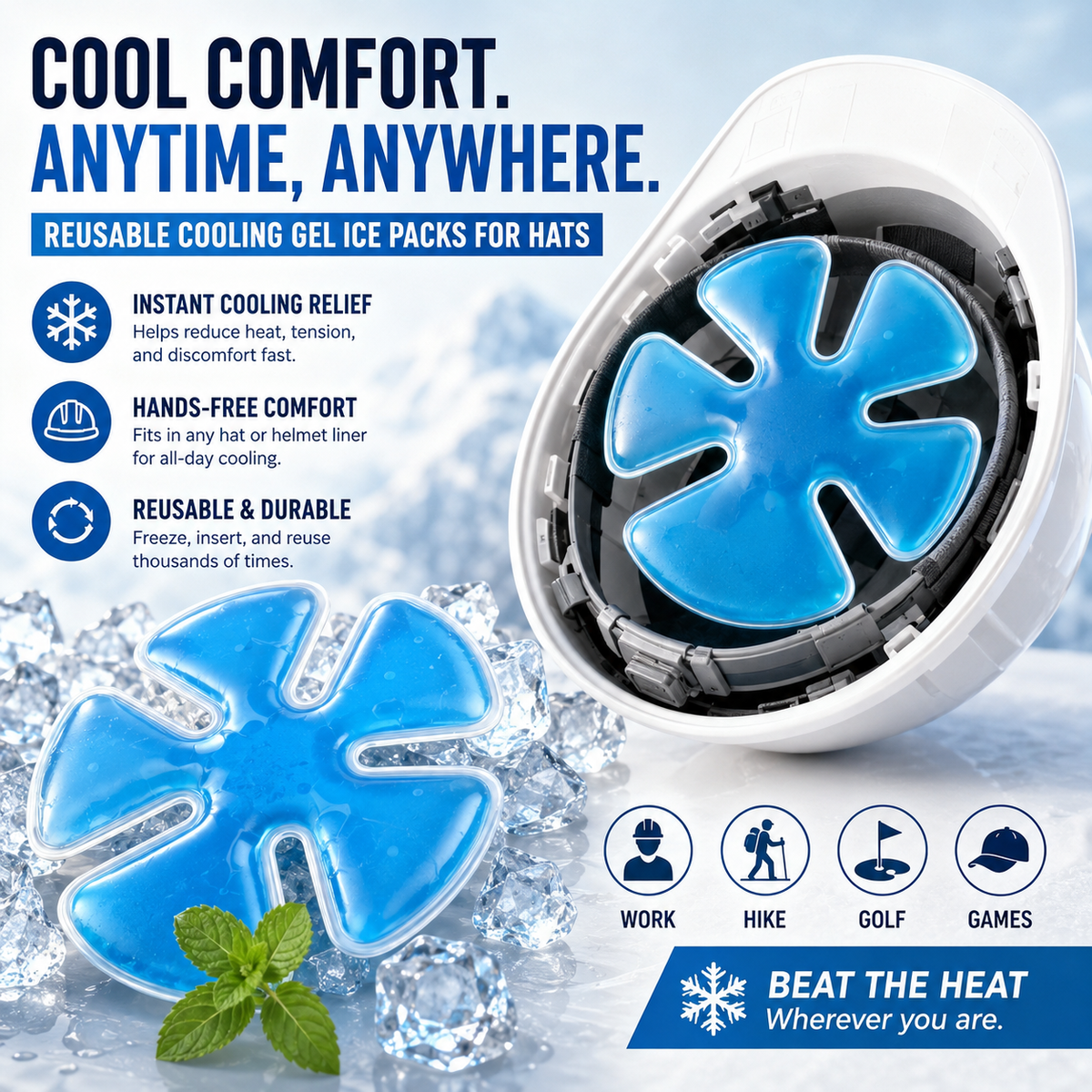 ❄️2PCS Cooling Hat Insert – Reusable Gel Ice Pack for Helmets & Caps