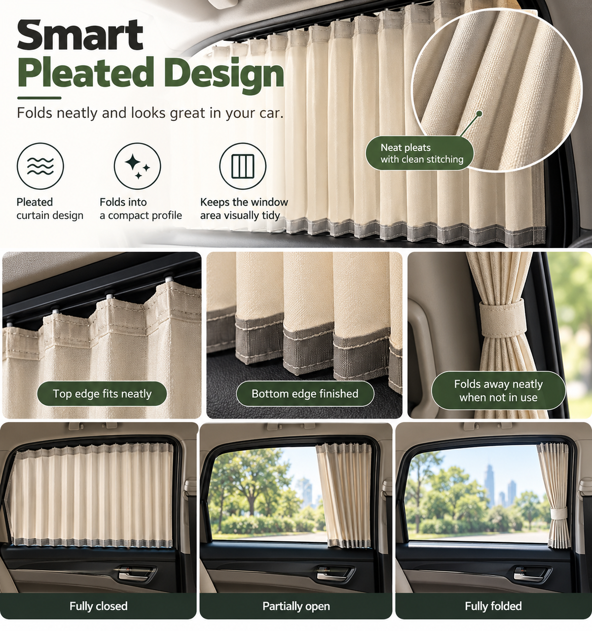 π Pleated Car Window Sun Shade Curtains β Adjustable Rear Seat Privacy & Sun Protection