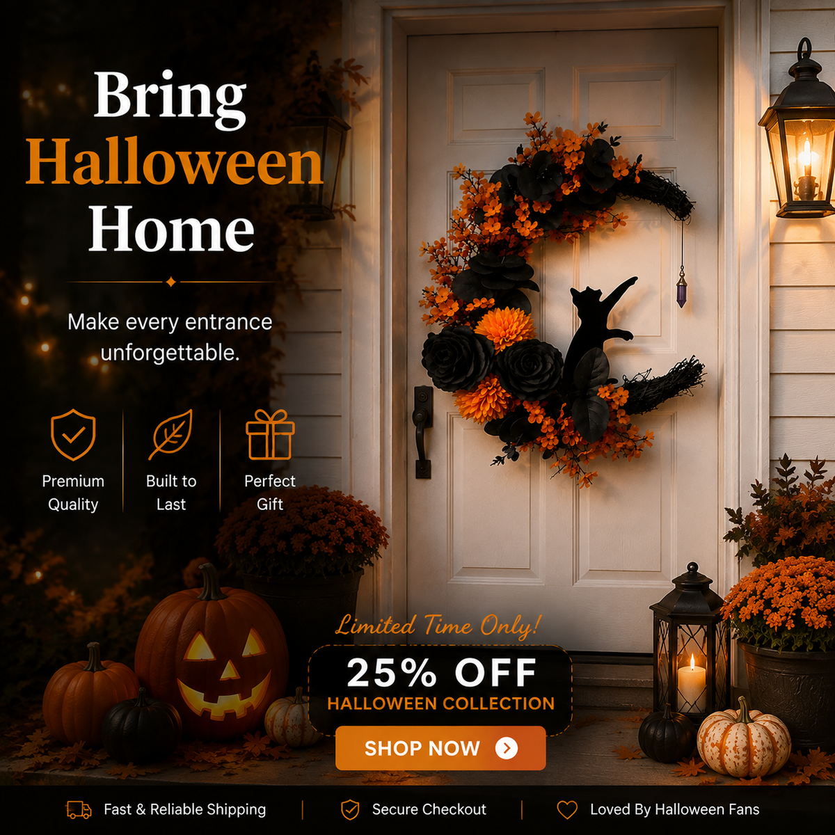 ๐โโฌ Gothic Cat Halloween Wreath | Floral Door Decor