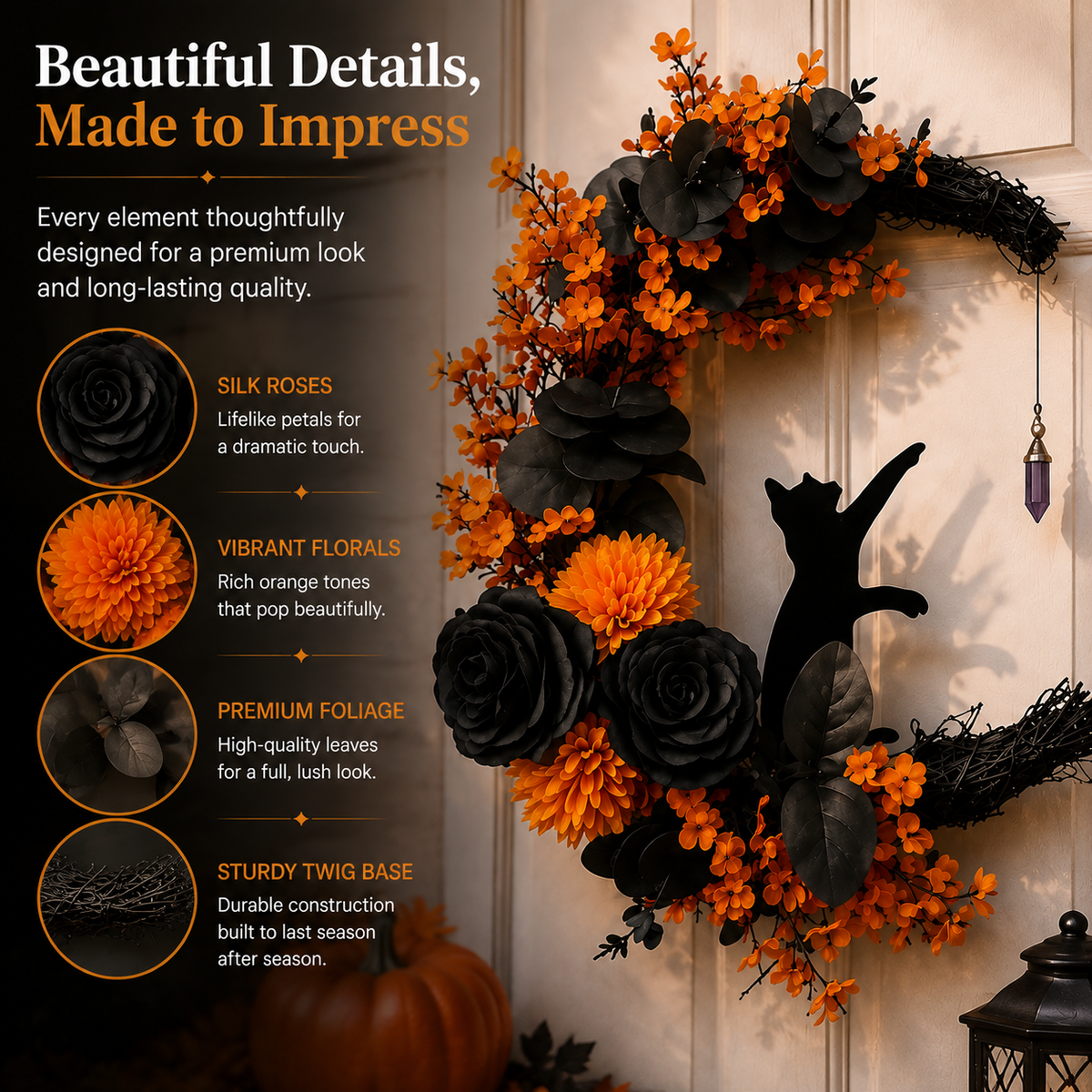 ๐โโฌ Gothic Cat Halloween Wreath | Floral Door Decor