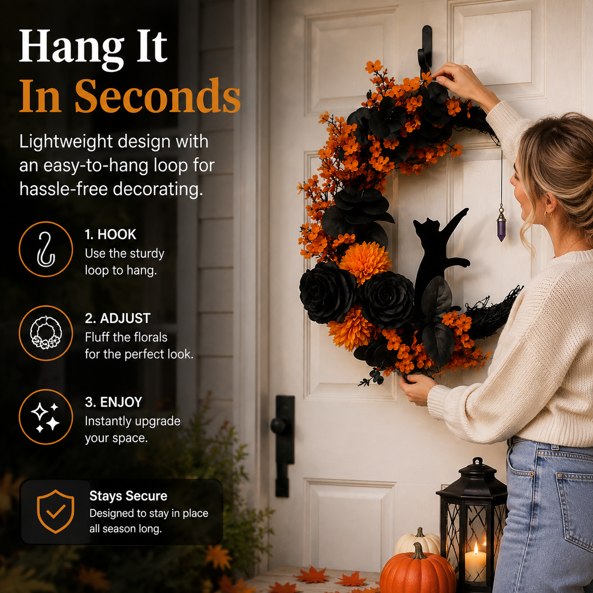 ๐โโฌ Gothic Cat Halloween Wreath | Floral Door Decor