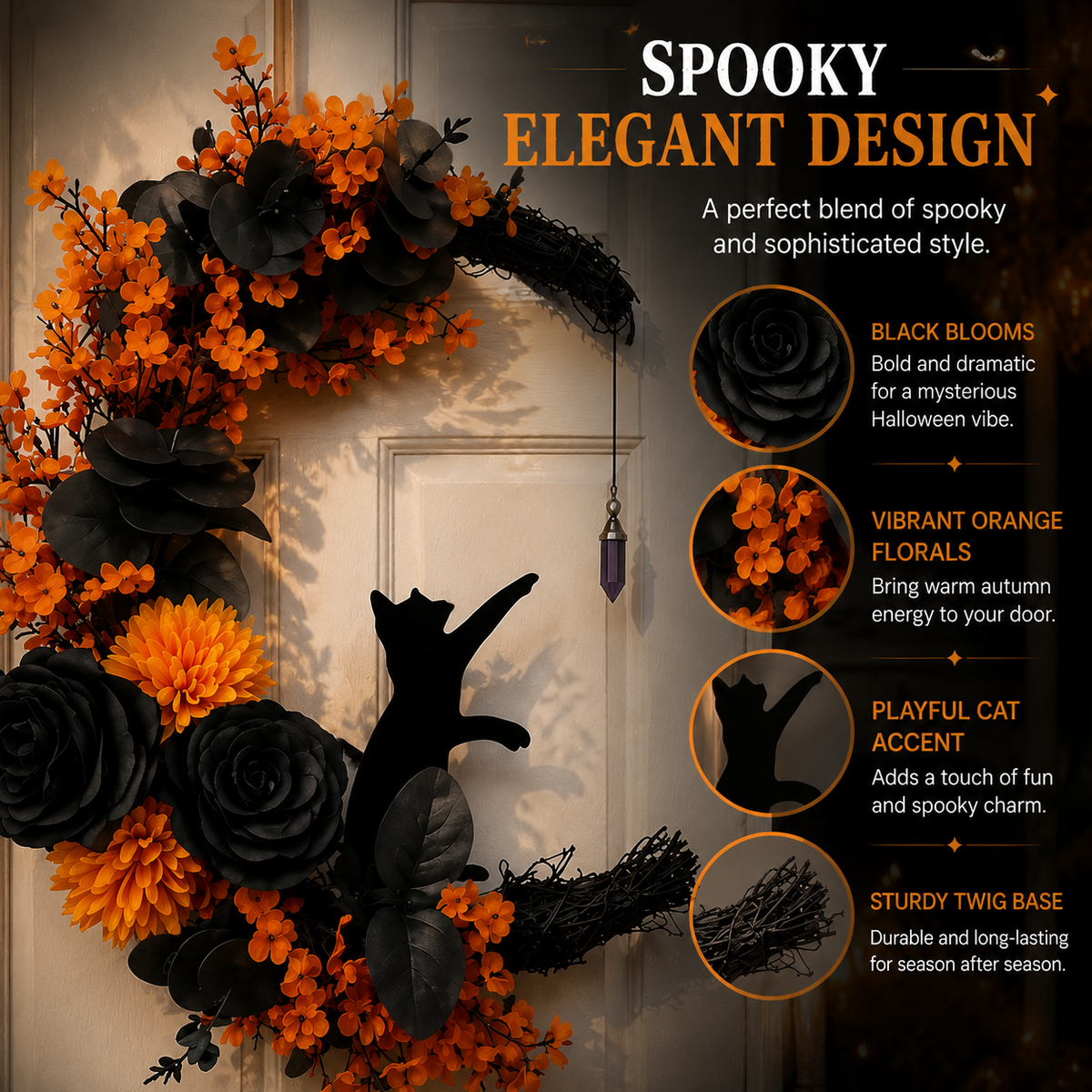 ๐โโฌ Gothic Cat Halloween Wreath | Floral Door Decor