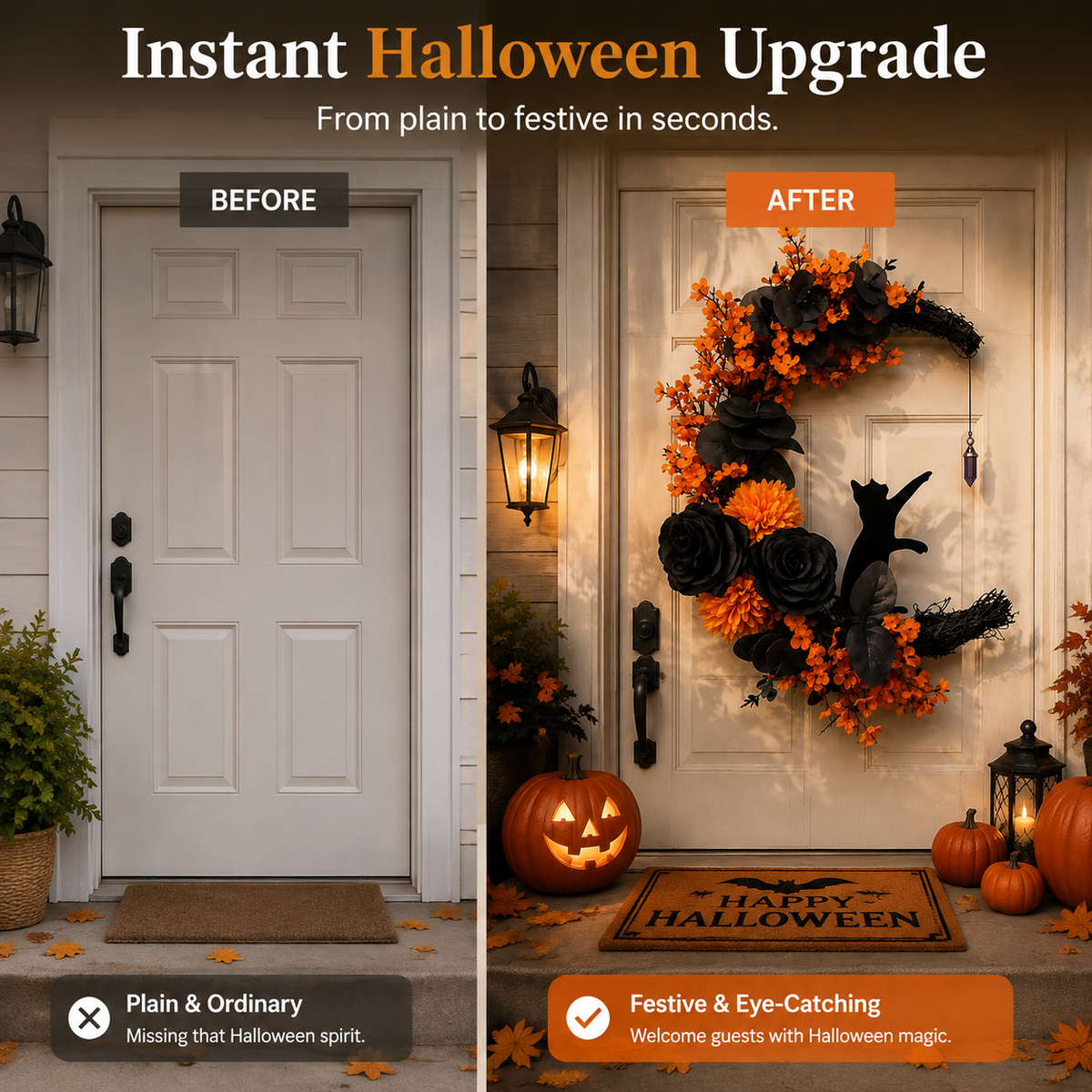 ๐โโฌ Gothic Cat Halloween Wreath | Floral Door Decor