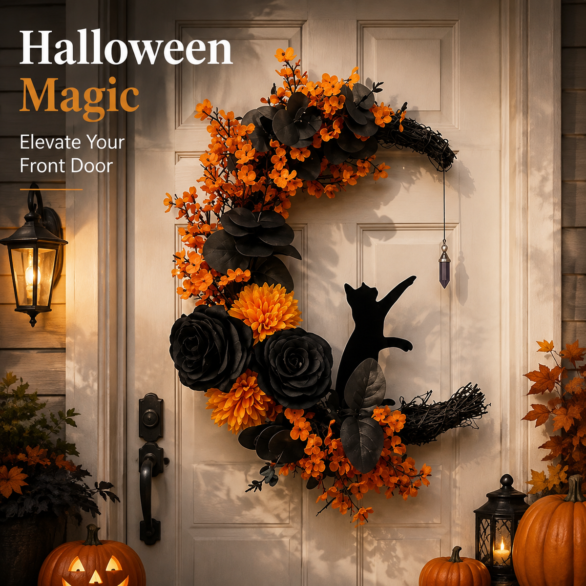 ๐โโฌ Gothic Cat Halloween Wreath | Floral Door Decor