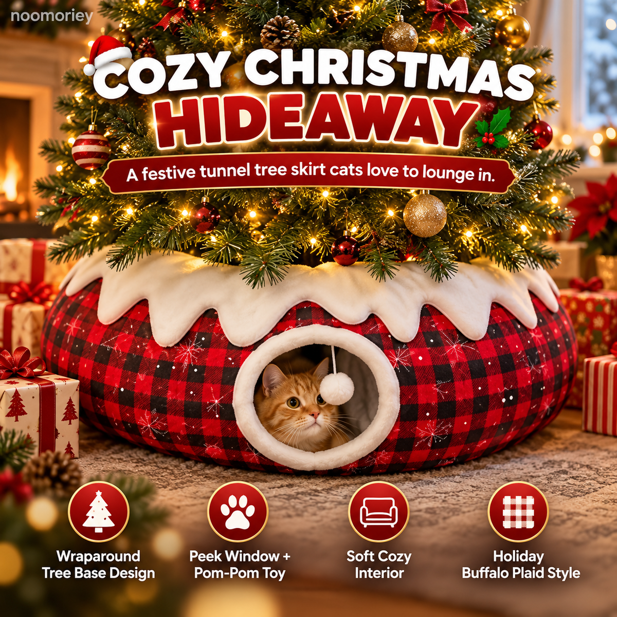 Christmas Tree Skirt Cat Tunnel – Cozy Buffalo Plaid Cat Hideaway with Peek Window & Hanging Pom-Pom Toy