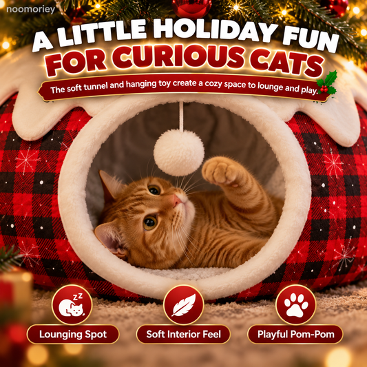 Christmas Tree Skirt Cat Tunnel – Cozy Buffalo Plaid Cat Hideaway with Peek Window & Hanging Pom-Pom Toy