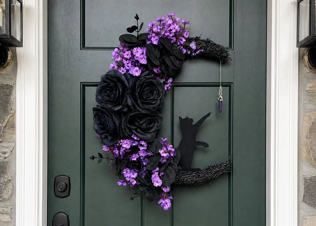 ๐โโฌ Gothic Cat Halloween Wreath | Floral Door Decor