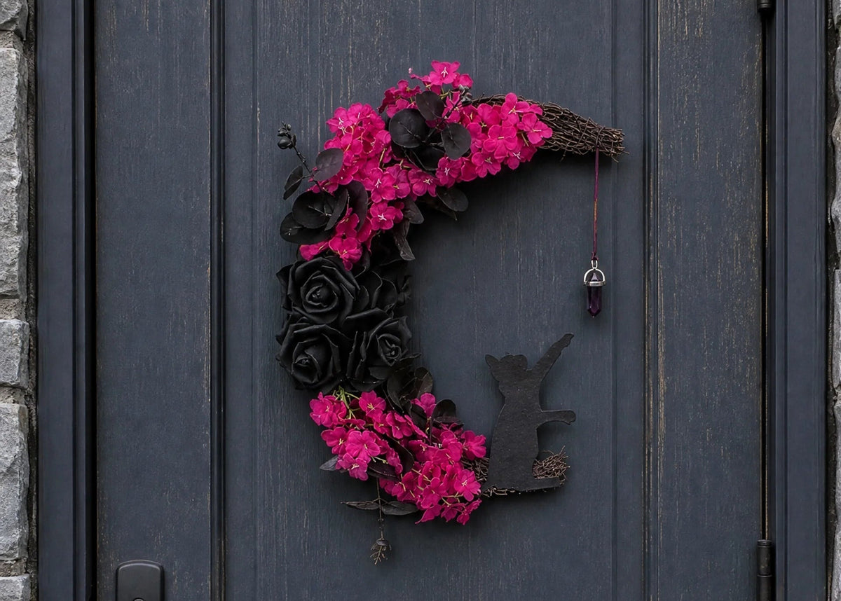 ๐โโฌ Gothic Cat Halloween Wreath | Floral Door Decor