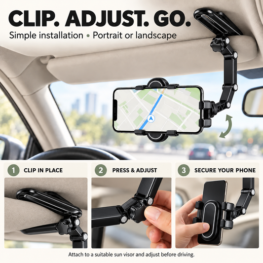 🚗 360° Rotating Car Sun Visor Phone Holder – Foldable & Adjustable Hands-Free Phone Mount