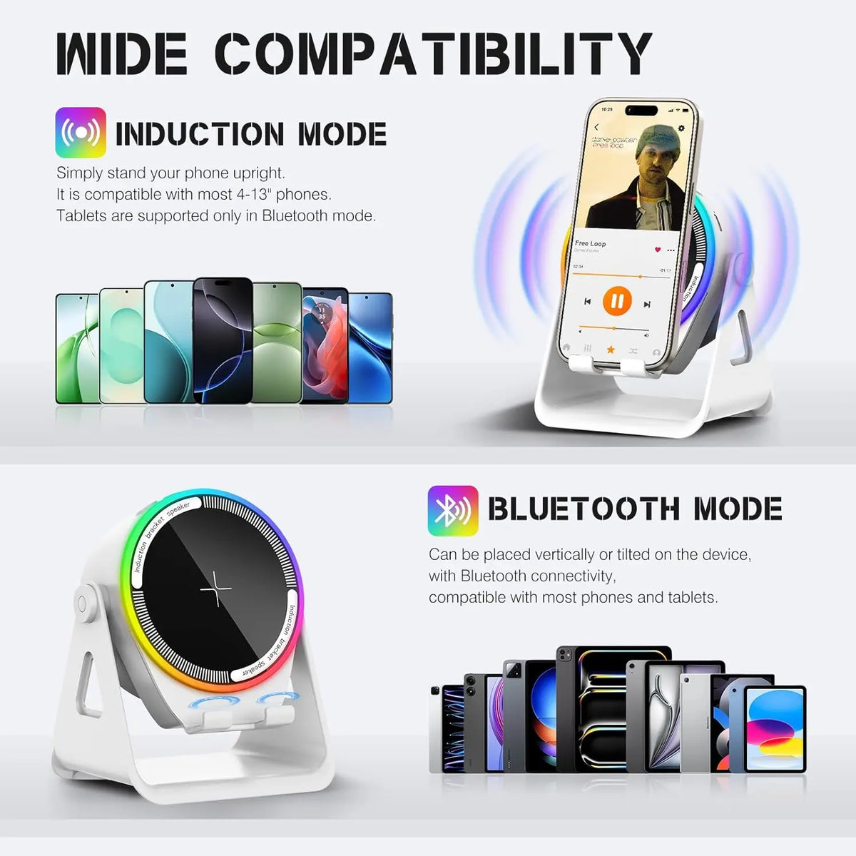 π₯ 50% OFF 4-in-1 Wireless Induction Bluetooth Speaker β¨ Phone Stand + RGB Light