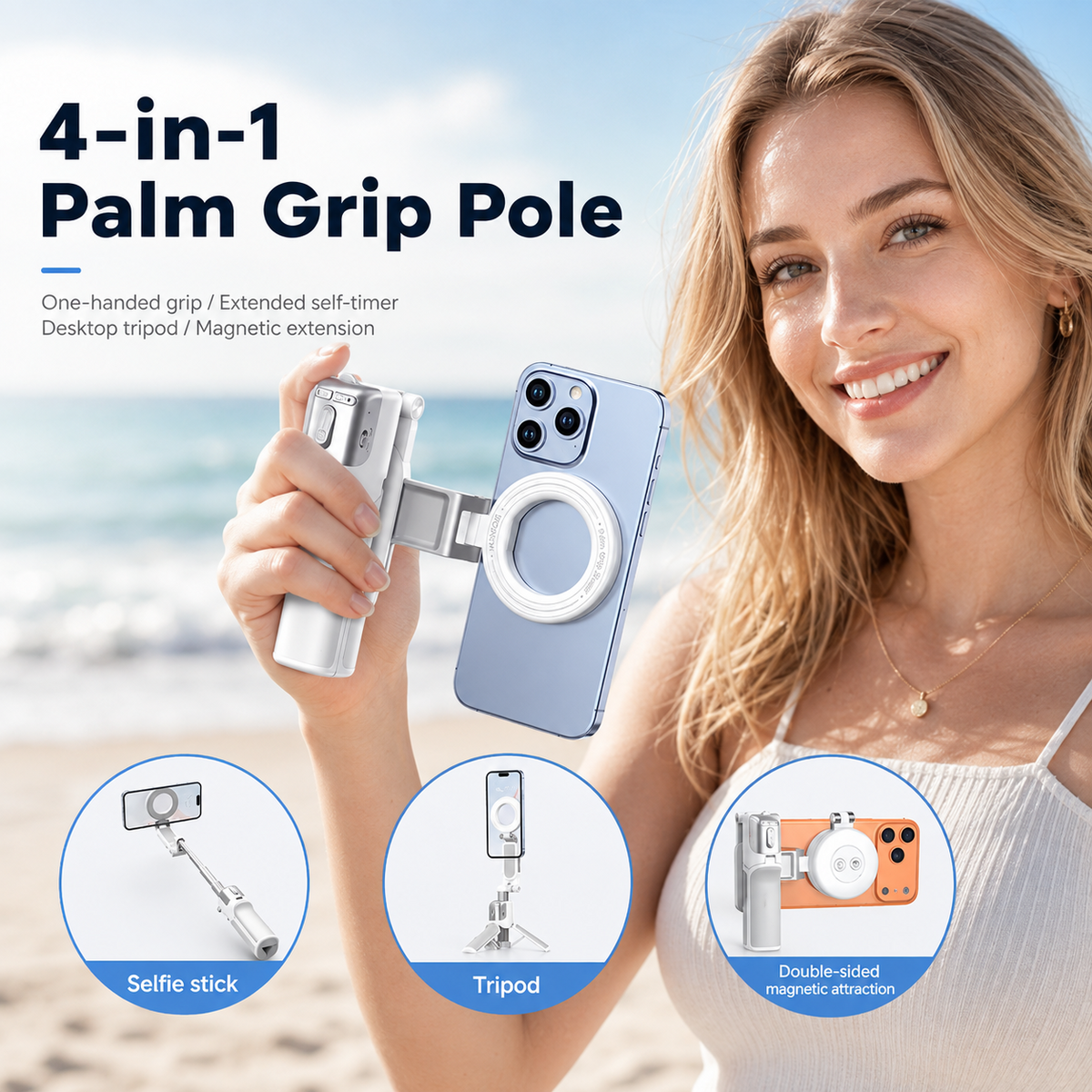 πΈ Zoomable Magnetic Palm Grip | Selfie Stick & Tripod
