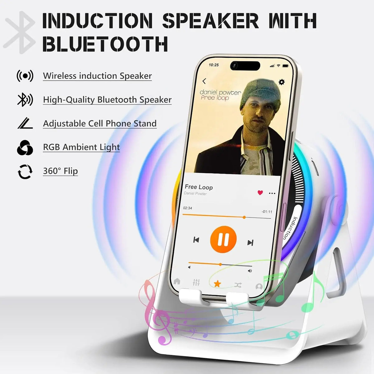 π₯ 50% OFF 4-in-1 Wireless Induction Bluetooth Speaker β¨ Phone Stand + RGB Light