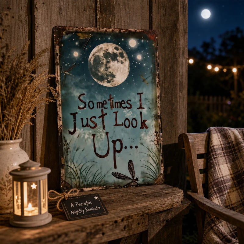 🌙 Plaque en métal rétro Ciel étoilé – « Parfois, je regarde juste en haut... » Décoration murale inspirante