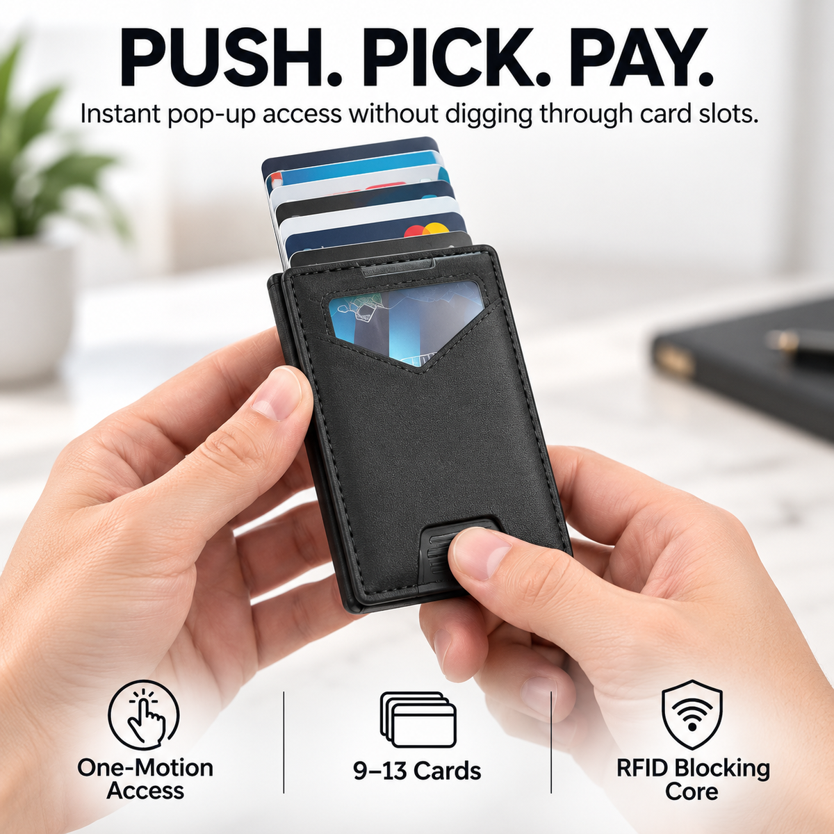 💳 PORTE-CARTES POP-UP | Portefeuille fin avec protection RFID, compartiment à cartes en aluminium à accès rapide et trombone pour billets