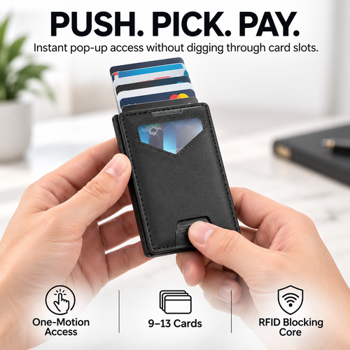 💳 PORTE-CARTES POP-UP | Portefeuille fin avec protection RFID, compartiment à cartes en aluminium à accès rapide et trombone pour billets