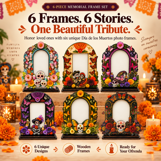 💀 DÉCORATION POUR LE JOUR DES MORTS | 6 cadres photo commémoratifs en bois – Ensemble de cadres photo colorés pour ofrenda avec détails floraux
