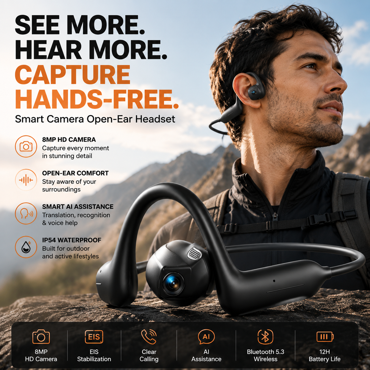 👂Casque Open-Ear intelligent avec caméra 8 MP – Vidéo EIS, assistance IA et batterie 12h