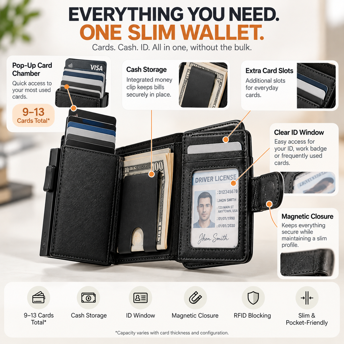 💳 PORTE-CARTES POP-UP | Portefeuille fin avec protection RFID, compartiment à cartes en aluminium à accès rapide et trombone pour billets