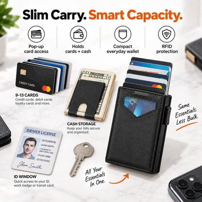 💳 PORTE-CARTES POP-UP | Portefeuille fin avec protection RFID, compartiment à cartes en aluminium à accès rapide et trombone pour billets
