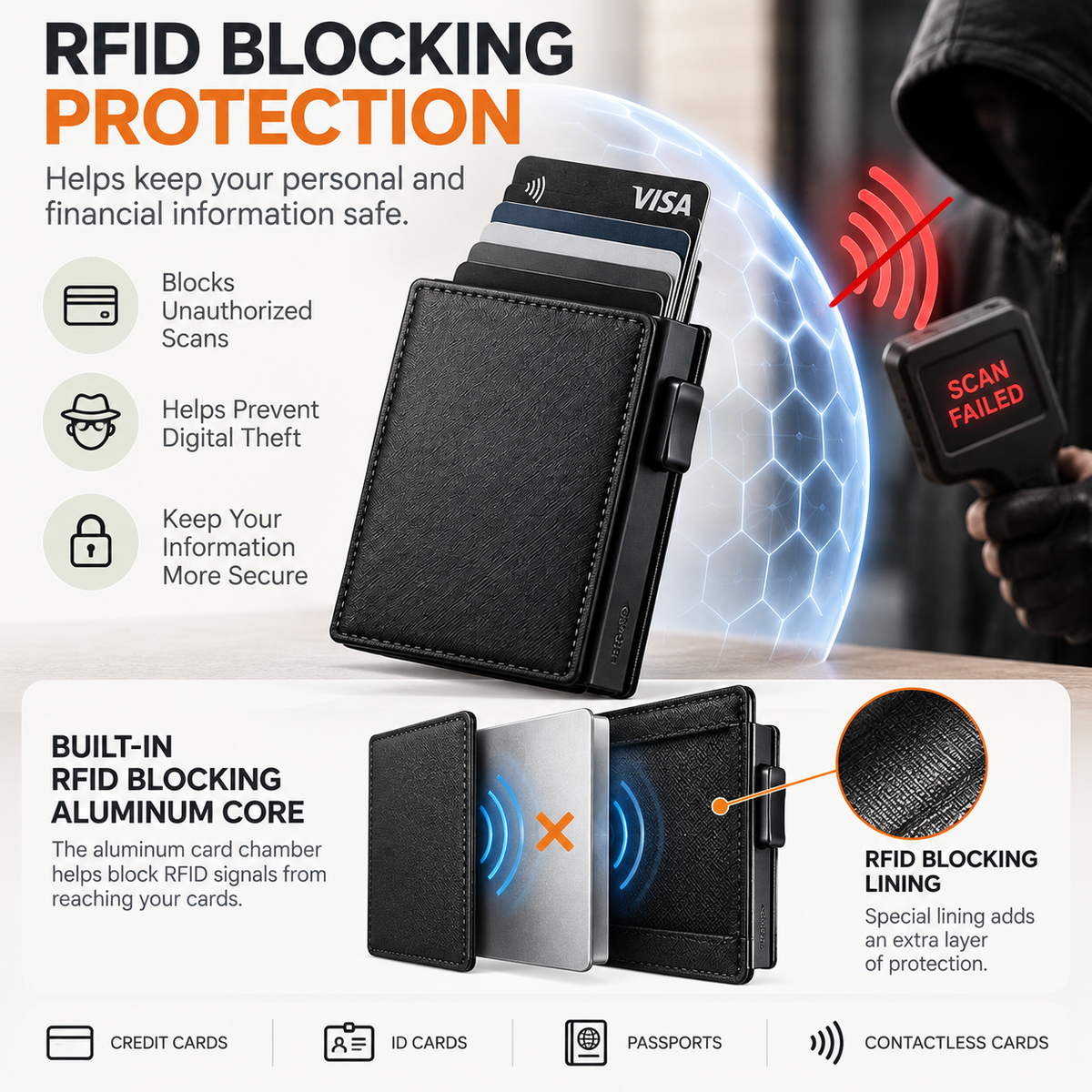 💳 PORTE-CARTES POP-UP | Portefeuille fin avec protection RFID, compartiment à cartes en aluminium à accès rapide et trombone pour billets