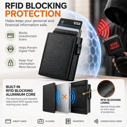 💳 PORTE-CARTES POP-UP | Portefeuille fin avec protection RFID, compartiment à cartes en aluminium à accès rapide et trombone pour billets