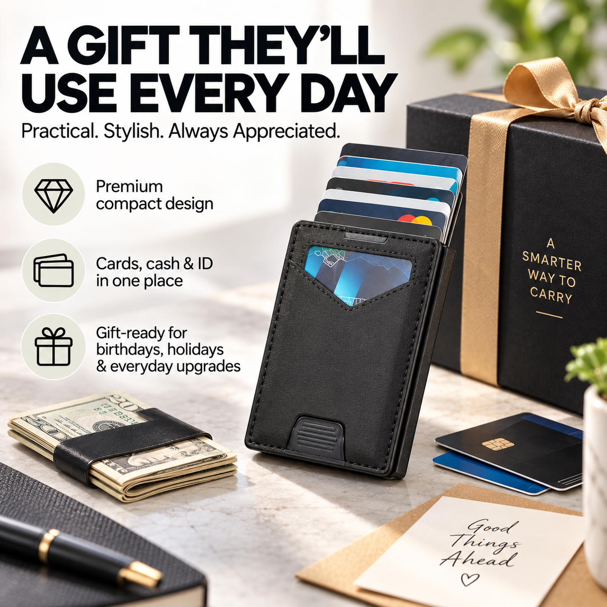 💳 PORTE-CARTES POP-UP | Portefeuille fin avec protection RFID, compartiment à cartes en aluminium à accès rapide et trombone pour billets