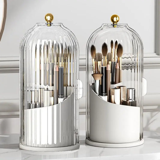 360° Rotating Makeup Brush Organizer – Clear Acrylic Cosmetic Storage Holder with Dust-Proof Lid
