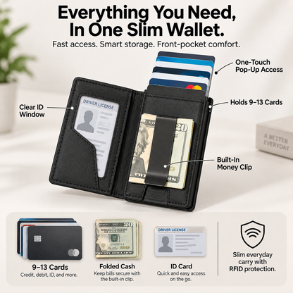 💳 PORTE-CARTES POP-UP | Portefeuille fin avec protection RFID, compartiment à cartes en aluminium à accès rapide et trombone pour billets