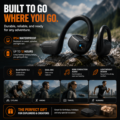 👂Casque Open-Ear intelligent avec caméra 8 MP – Vidéo EIS, assistance IA et batterie 12h