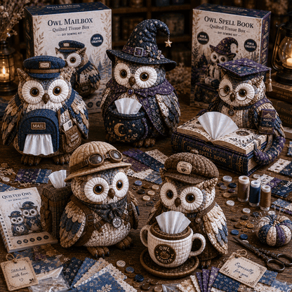 🦉 Kit de couture DIY Boîte à mouchoirs matelassée Hibou Sage
