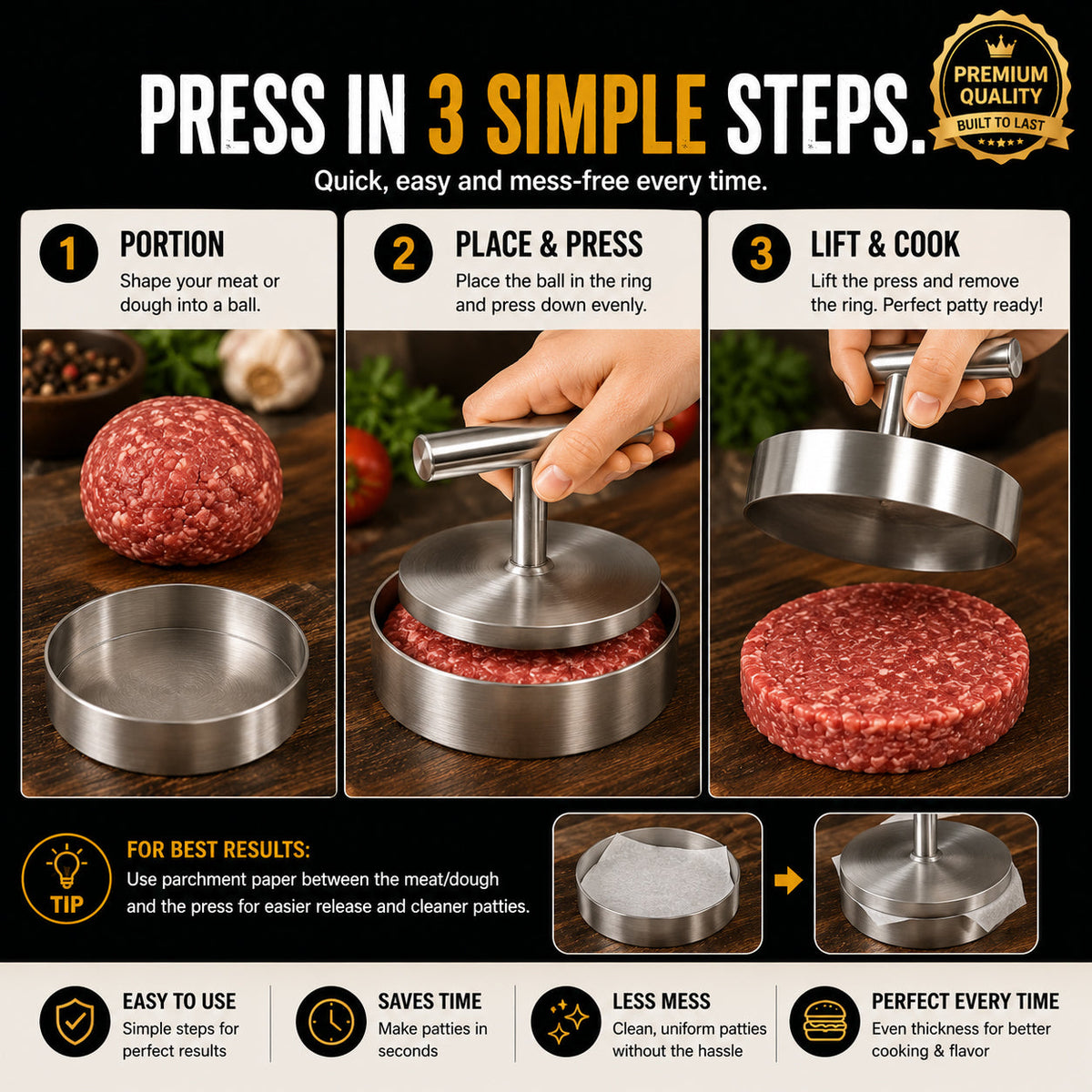🍔 L’INDISPENSABLE DU BARBECUE | Presse à steaks manuelle – Galettes rondes et uniformes pour le barbecue, la préparation de repas et la cuisine maison