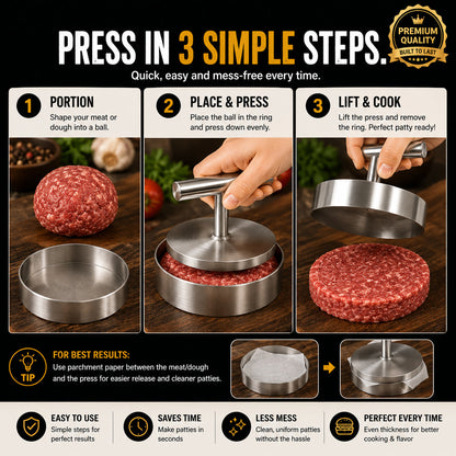 🍔 L’INDISPENSABLE DU BARBECUE | Presse à steaks manuelle – Galettes rondes et uniformes pour le barbecue, la préparation de repas et la cuisine maison