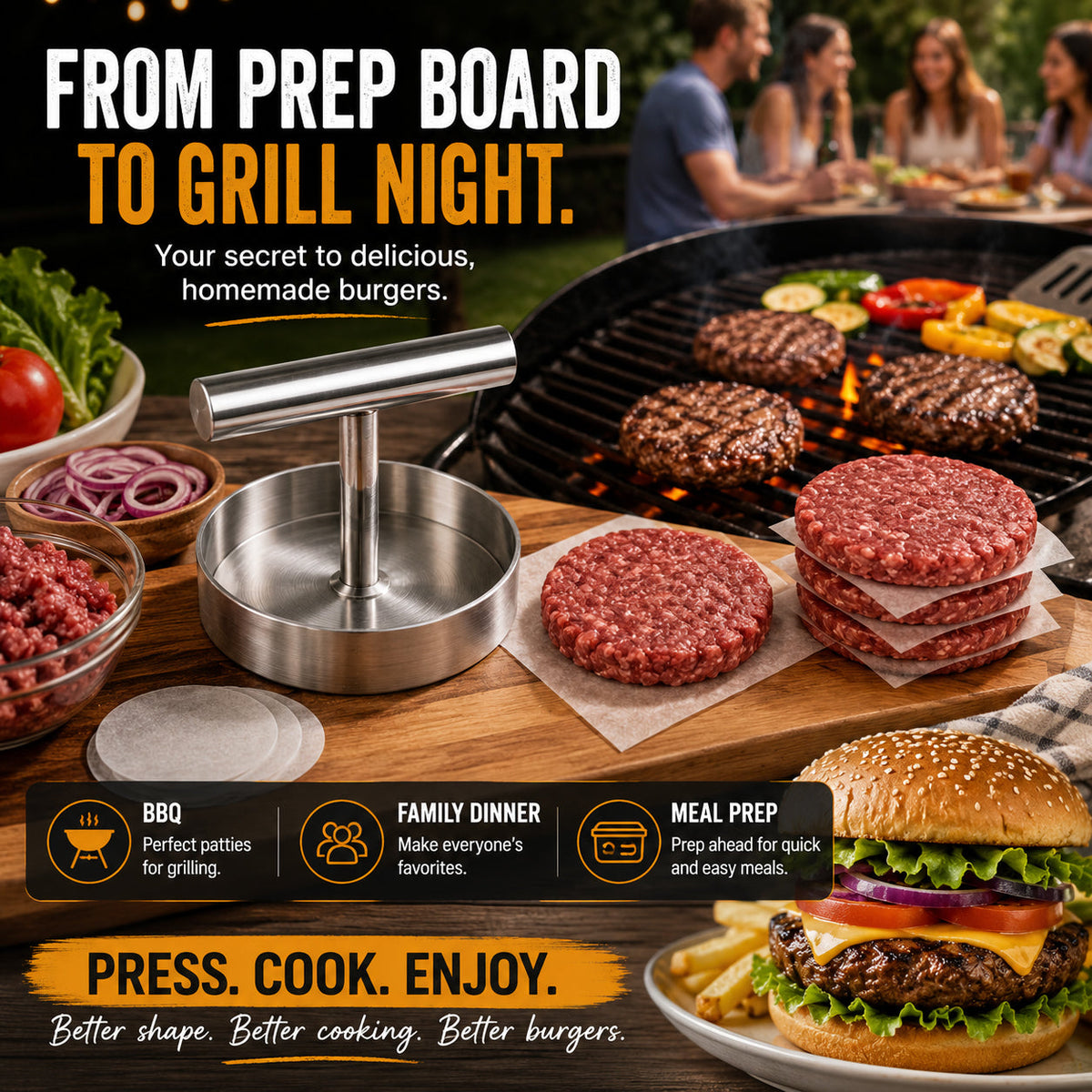 🍔 L’INDISPENSABLE DU BARBECUE | Presse à steaks manuelle – Galettes rondes et uniformes pour le barbecue, la préparation de repas et la cuisine maison
