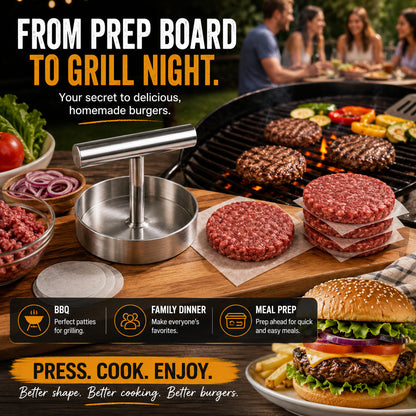 🍔 L’INDISPENSABLE DU BARBECUE | Presse à steaks manuelle – Galettes rondes et uniformes pour le barbecue, la préparation de repas et la cuisine maison