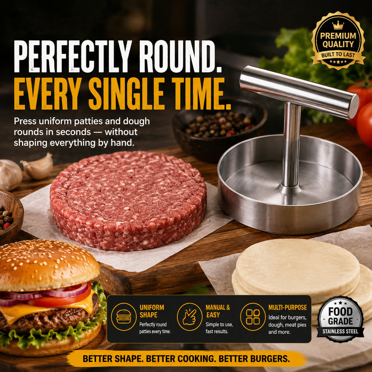 🍔 L’INDISPENSABLE DU BARBECUE | Presse à steaks manuelle – Galettes rondes et uniformes pour le barbecue, la préparation de repas et la cuisine maison
