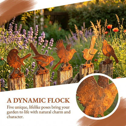 🐦 Lot de 5 silhouettes d’oiseaux réalistes en métal rouillé – Décoration de jardin