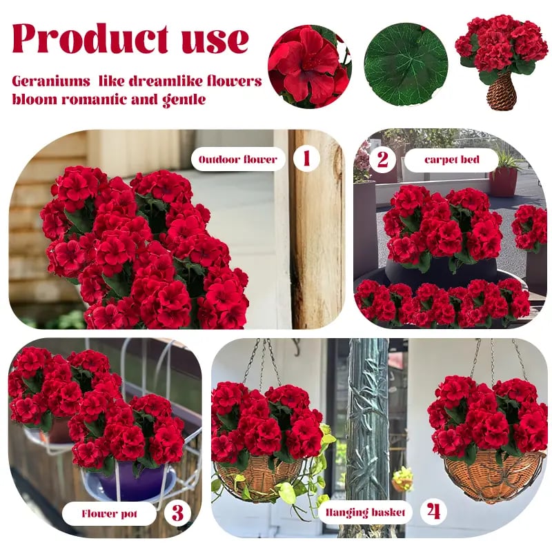 Géraniums artificiels résistants aux UV – Fausses fleurs rouges d'extérieur pour terrasse, jardin et décoration intérieure