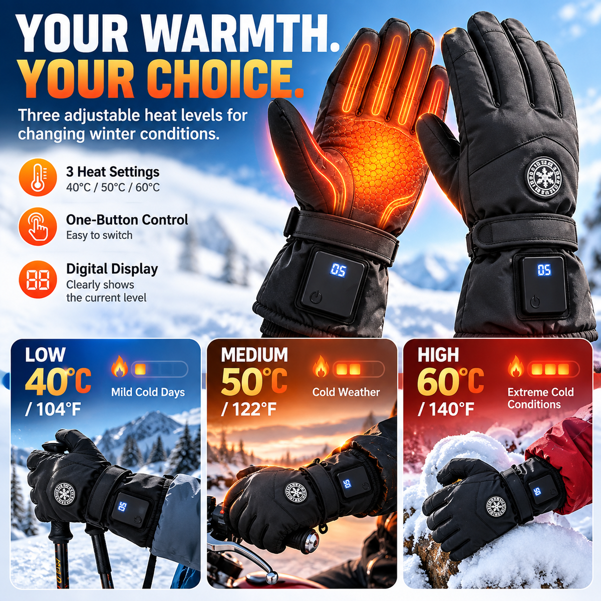 🔥 Gants chauffants rechargeables – 3 niveaux de chaleur, gants d’hiver imperméables avec écran tactile