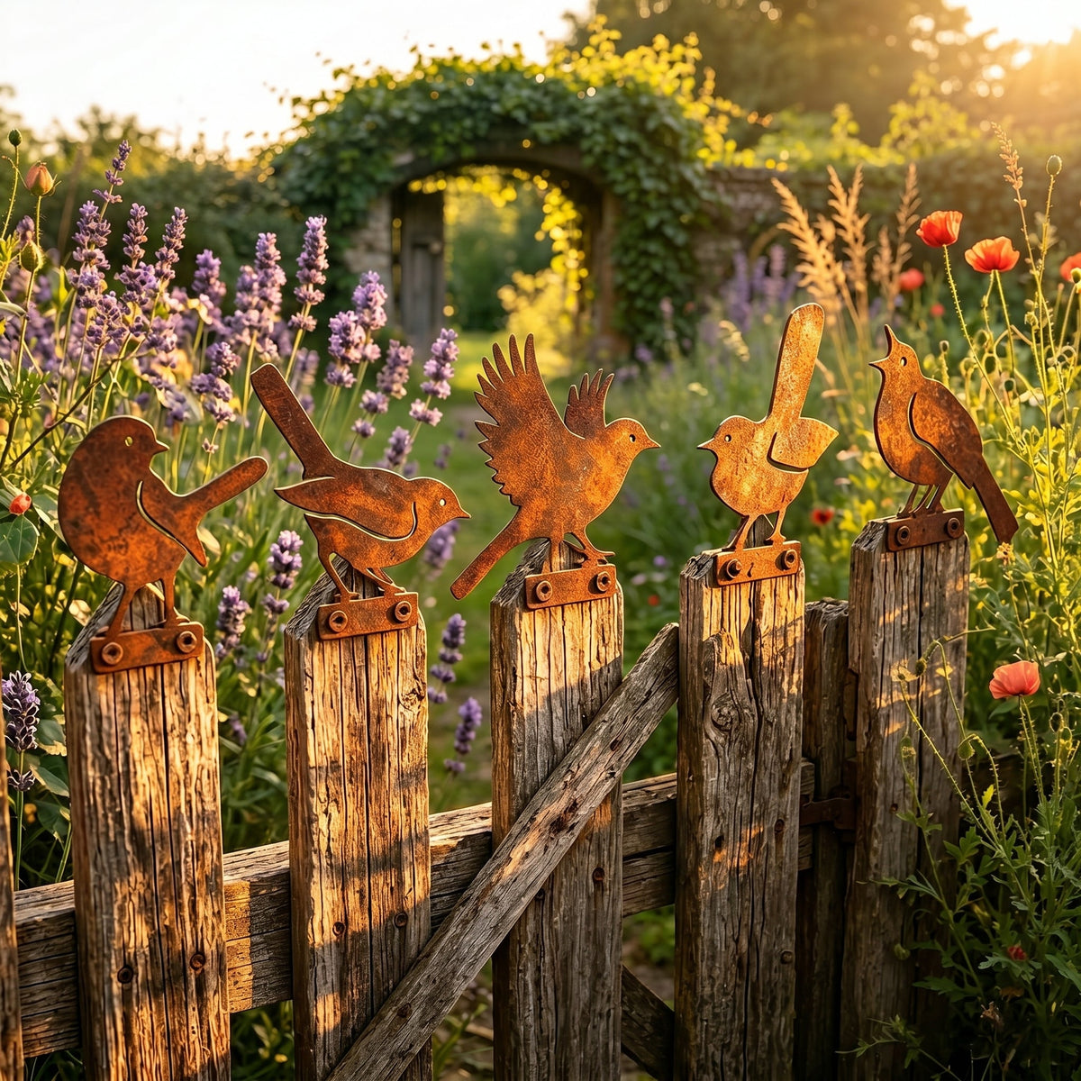 🐦 Lot de 5 silhouettes d’oiseaux réalistes en métal rouillé – Décoration de jardin
