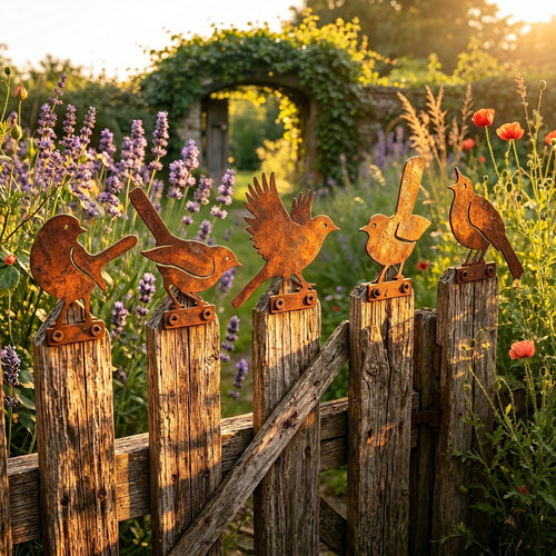 🐦 Lot de 5 silhouettes d’oiseaux réalistes en métal rouillé – Décoration de jardin