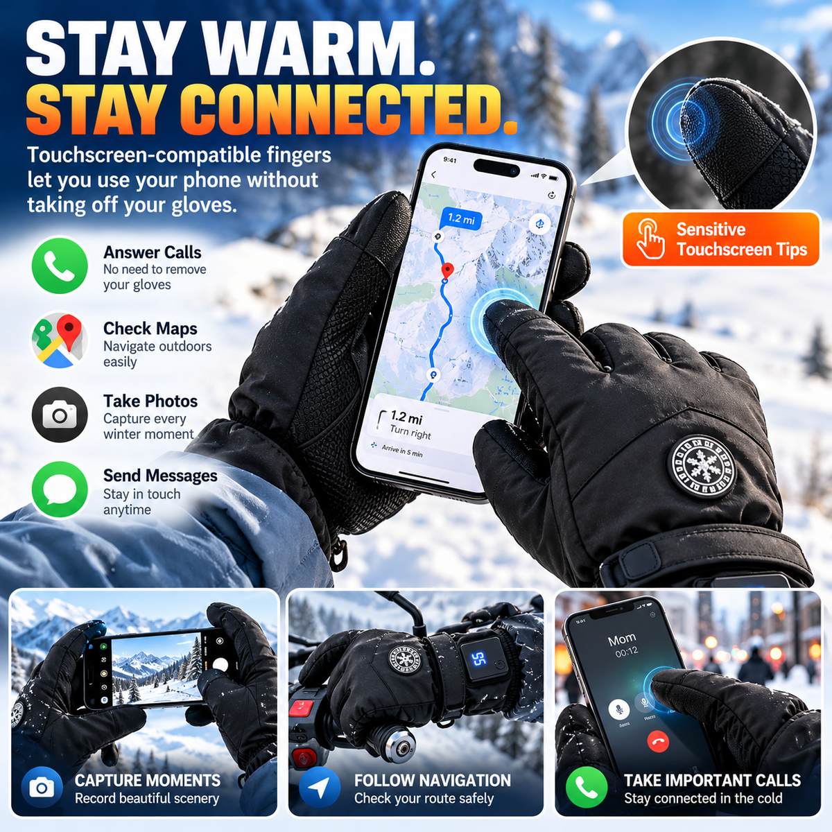 🔥 Gants chauffants rechargeables – 3 niveaux de chaleur, gants d’hiver imperméables avec écran tactile
