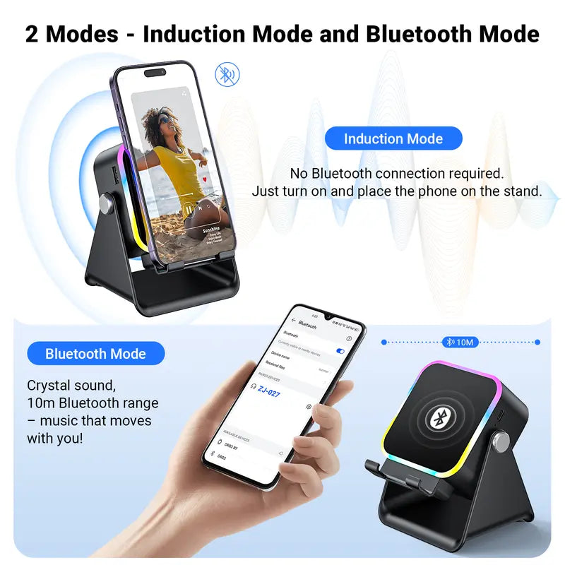 Enceinte Bluetooth intelligente sans fil 5-en-1 – Lecture automatique du téléphone, éclairage RVB, support réglable et batterie externe