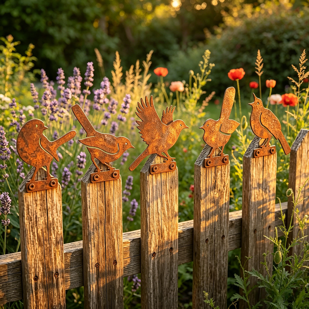 🐦 Lot de 5 silhouettes d’oiseaux réalistes en métal rouillé – Décoration de jardin