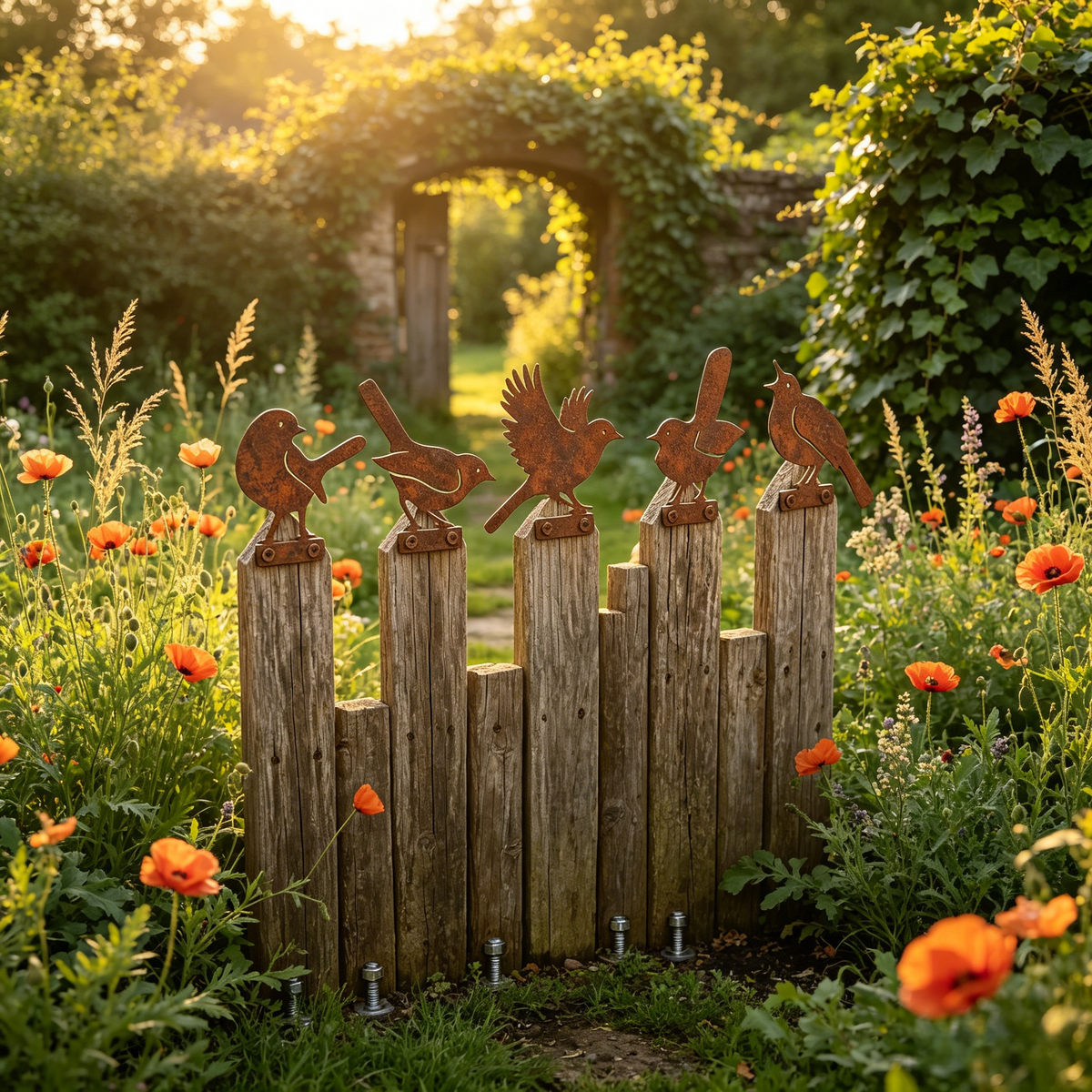 🐦 Lot de 5 silhouettes d’oiseaux réalistes en métal rouillé – Décoration de jardin