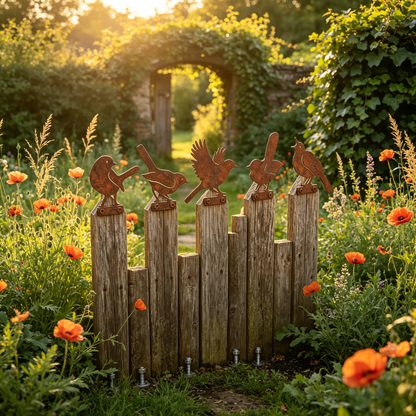🐦 Lot de 5 silhouettes d’oiseaux réalistes en métal rouillé – Décoration de jardin