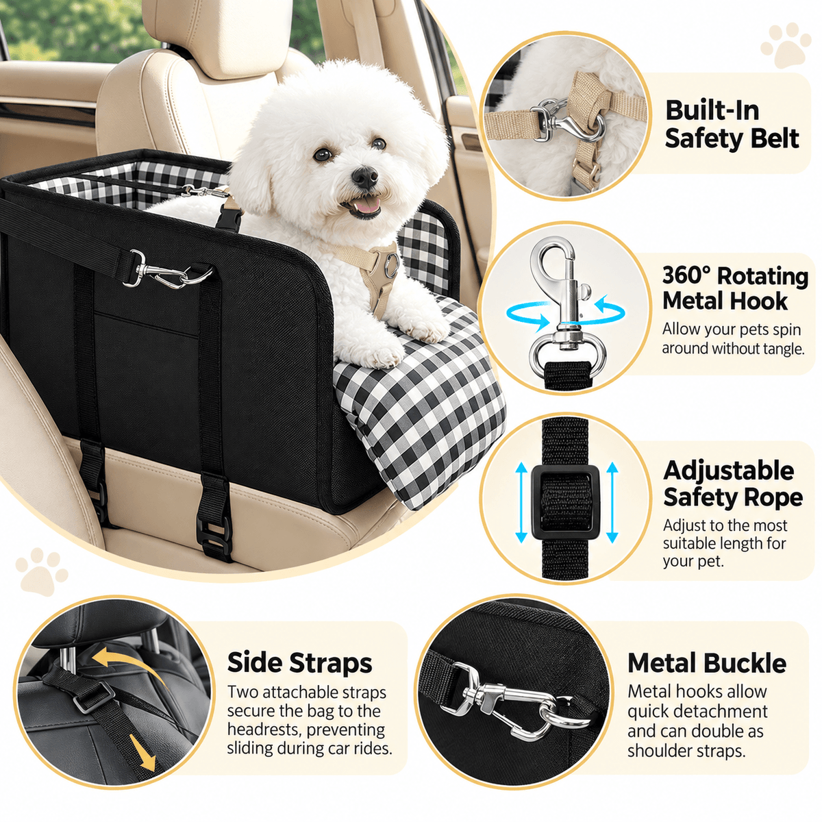 Foldable Center Console Dog Car Seat with Safety Leash & Anti-Slip Base
