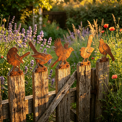 🐦 Lot de 5 silhouettes d’oiseaux réalistes en métal rouillé – Décoration de jardin
