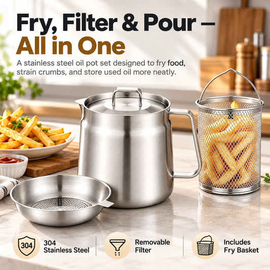 🍟 Cuve de friteuse 3 en 1 en acier inoxydable avec filtre à huile et panier de friture