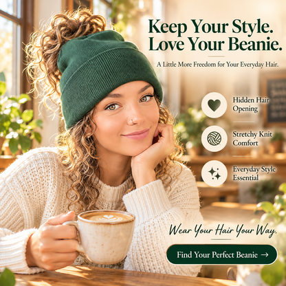 Messy Bun Beanie – Stretchy Ribbed Knit Hat with Hidden Ponytail Opening for Curly Hair & Winter Style ✨